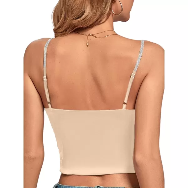imageLYANER Womens Satin Rinestone Spaghetti Straps Square Neck Sleeveless Cami Crop TopSolid Champagne