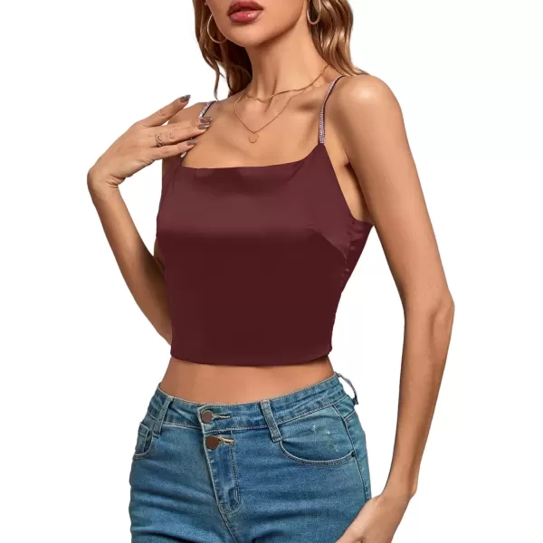 imageLYANER Womens Satin Rinestone Spaghetti Straps Square Neck Sleeveless Cami Crop TopWine Red