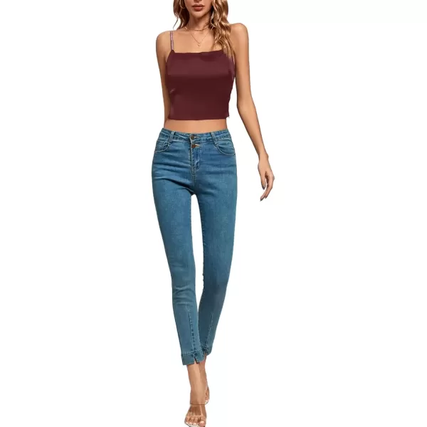 imageLYANER Womens Satin Rinestone Spaghetti Straps Square Neck Sleeveless Cami Crop TopWine Red