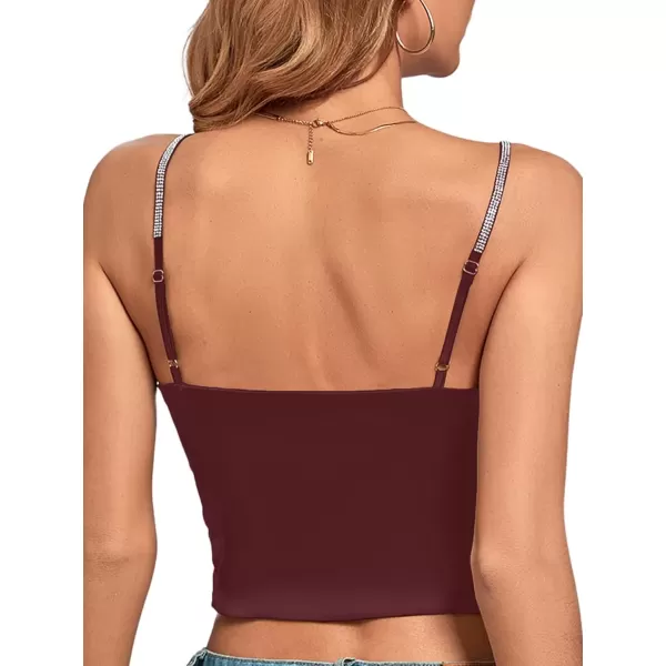 imageLYANER Womens Satin Rinestone Spaghetti Straps Square Neck Sleeveless Cami Crop TopWine Red