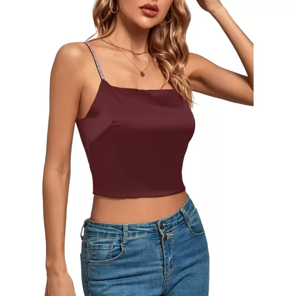 imageLYANER Womens Satin Rinestone Spaghetti Straps Square Neck Sleeveless Cami Crop TopWine Red