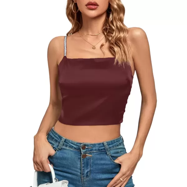 imageLYANER Womens Satin Rinestone Spaghetti Straps Square Neck Sleeveless Cami Crop TopWine Red