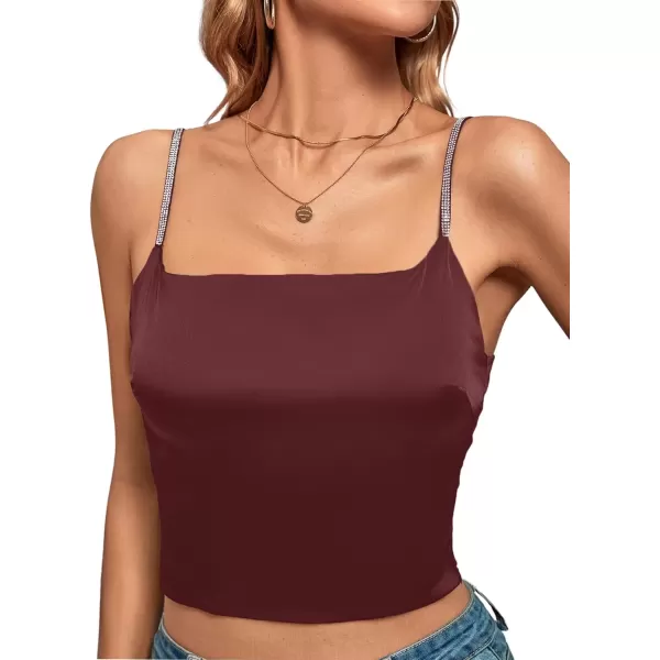 imageLYANER Womens Satin Rinestone Spaghetti Straps Square Neck Sleeveless Cami Crop TopWine Red