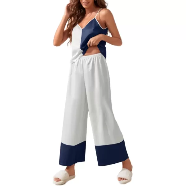 imageLYANER Womens Satin Silky Pajama Set V Neck Sleeveless Cami Top with Long Pants Set PJ Loungewear SleepwearWhite and Navy Blue