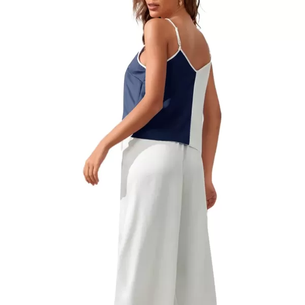 imageLYANER Womens Satin Silky Pajama Set V Neck Sleeveless Cami Top with Long Pants Set PJ Loungewear SleepwearWhite and Navy Blue