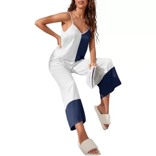 imageLYANER Womens Satin Silky Pajama Set V Neck Sleeveless Cami Top with Long Pants Set PJ Loungewear SleepwearWhite and Navy Blue