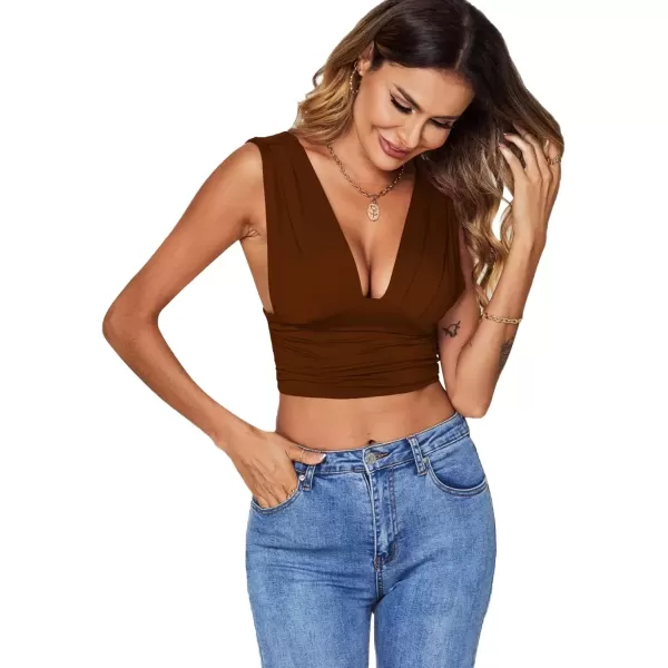 imageLYANER Womens Sexy Deep V Neck Ruched Backless Slim Tank Sleeveless TopBrown