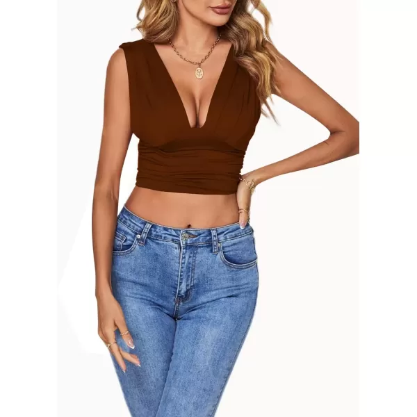 imageLYANER Womens Sexy Deep V Neck Ruched Backless Slim Tank Sleeveless TopBrown
