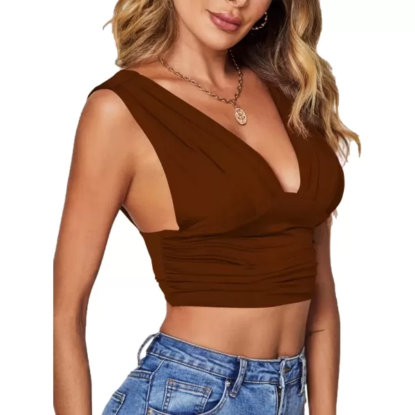 imageLYANER Womens Sexy Deep V Neck Ruched Backless Slim Tank Sleeveless TopBrown
