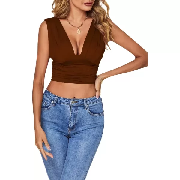 imageLYANER Womens Sexy Deep V Neck Ruched Backless Slim Tank Sleeveless TopBrown