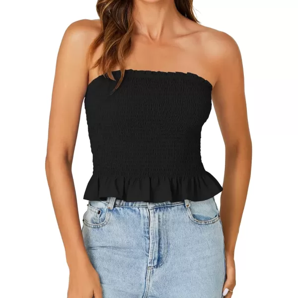 imageLYANER Womens Smocked Tube Tops Sleeveless Strapless Stretch Bustier Bandeau Crop TopBlack