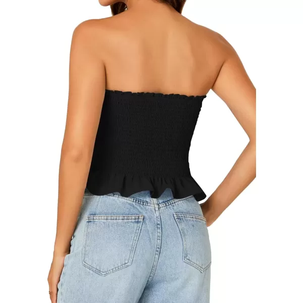 imageLYANER Womens Smocked Tube Tops Sleeveless Strapless Stretch Bustier Bandeau Crop TopBlack