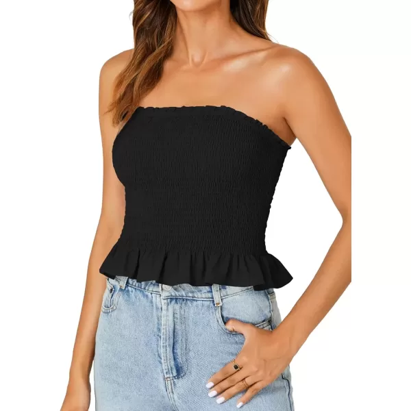 imageLYANER Womens Smocked Tube Tops Sleeveless Strapless Stretch Bustier Bandeau Crop TopBlack