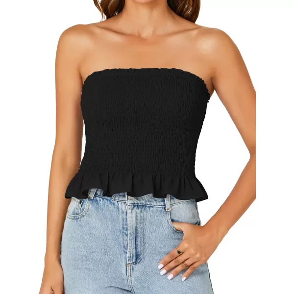 imageLYANER Womens Smocked Tube Tops Sleeveless Strapless Stretch Bustier Bandeau Crop TopBlack