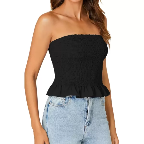 imageLYANER Womens Smocked Tube Tops Sleeveless Strapless Stretch Bustier Bandeau Crop TopBlack