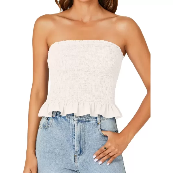 imageLYANER Womens Smocked Tube Tops Sleeveless Strapless Stretch Bustier Bandeau Crop TopWhite