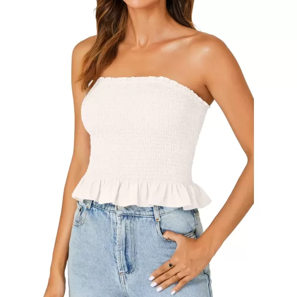 imageLYANER Womens Smocked Tube Tops Sleeveless Strapless Stretch Bustier Bandeau Crop TopWhite