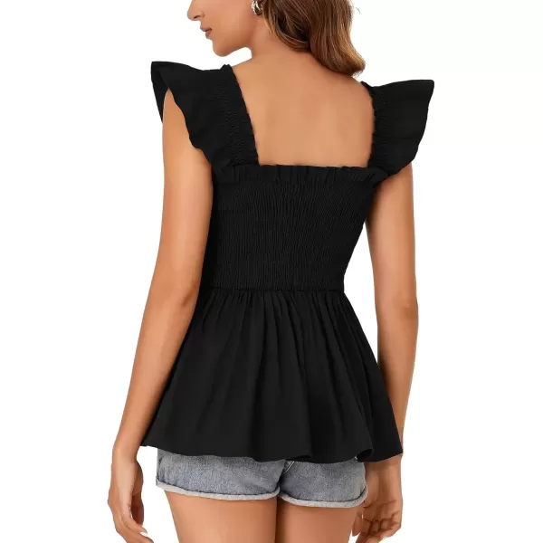 imageLYANER Womens Square Neck Ruffle Cap Sleeve Smocked Peplum Top Babydoll Shirred Blouse Cami TankBlack
