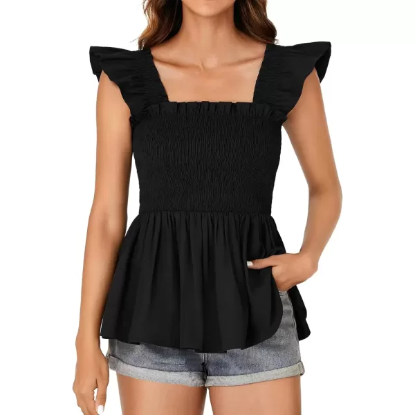 imageLYANER Womens Square Neck Ruffle Cap Sleeve Smocked Peplum Top Babydoll Shirred Blouse Cami TankBlack