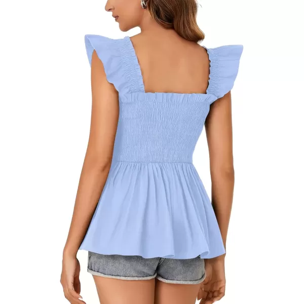 imageLYANER Womens Square Neck Ruffle Cap Sleeve Smocked Peplum Top Babydoll Shirred Blouse Cami TankLight Blue