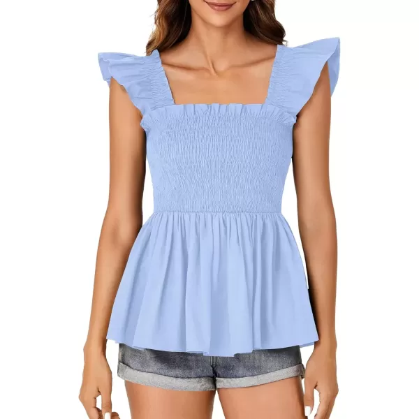 imageLYANER Womens Square Neck Ruffle Cap Sleeve Smocked Peplum Top Babydoll Shirred Blouse Cami TankLight Blue