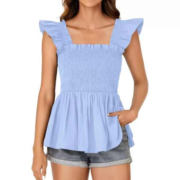 imageLYANER Womens Square Neck Ruffle Cap Sleeve Smocked Peplum Top Babydoll Shirred Blouse Cami TankLight Blue