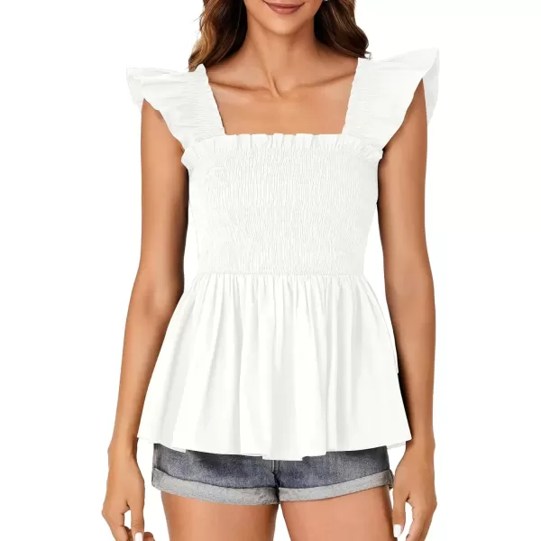 imageLYANER Womens Square Neck Ruffle Cap Sleeve Smocked Peplum Top Babydoll Shirred Blouse Cami TankWhite