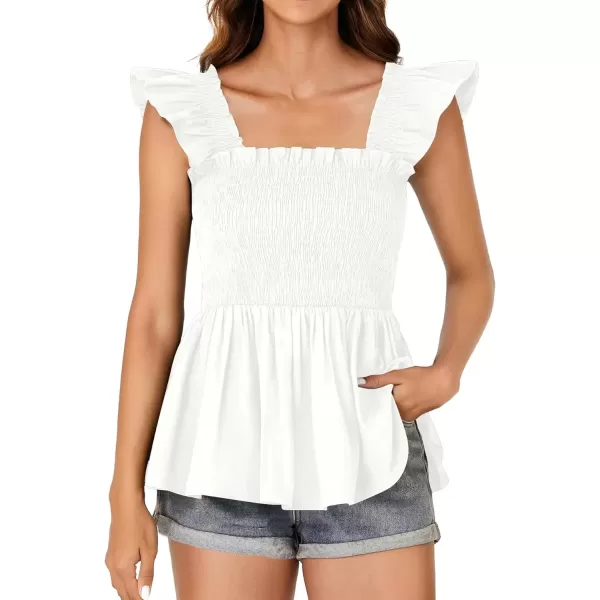 imageLYANER Womens Square Neck Ruffle Cap Sleeve Smocked Peplum Top Babydoll Shirred Blouse Cami TankWhite