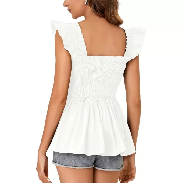 imageLYANER Womens Square Neck Ruffle Cap Sleeve Smocked Peplum Top Babydoll Shirred Blouse Cami TankWhite