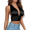 imageLYANER Womens Satin Halter Tie Backless Wrap Cut Out Cami Shirred Crop TopBlack