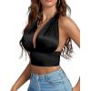 imageLYANER Womens Satin Halter Tie Backless Wrap Cut Out Cami Shirred Crop TopBlack