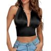 imageLYANER Womens Satin Halter Tie Backless Wrap Cut Out Cami Shirred Crop TopBlack