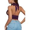imageLYANER Womens Satin Halter Tie Backless Wrap Cut Out Cami Shirred Crop TopDark Purple
