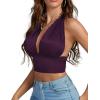imageLYANER Womens Satin Halter Tie Backless Wrap Cut Out Cami Shirred Crop TopDark Purple