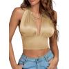 imageLYANER Womens Satin Halter Tie Backless Wrap Cut Out Cami Shirred Crop TopKhaki