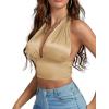 imageLYANER Womens Satin Halter Tie Backless Wrap Cut Out Cami Shirred Crop TopKhaki