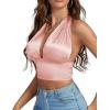 imageLYANER Womens Satin Halter Tie Backless Wrap Cut Out Cami Shirred Crop TopLight Pink