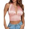 imageLYANER Womens Satin Halter Tie Backless Wrap Cut Out Cami Shirred Crop TopLight Pink