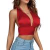imageLYANER Womens Satin Halter Tie Backless Wrap Cut Out Cami Shirred Crop TopRed