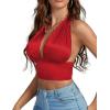 imageLYANER Womens Satin Halter Tie Backless Wrap Cut Out Cami Shirred Crop TopRed