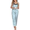 imageLYANER Womens Sexy Deep V Neck Silk Satin Pajamas Sets Lace Trim Cami Tops Long Pants SleepwearDusty Blue