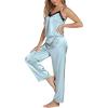 imageLYANER Womens Sexy Deep V Neck Silk Satin Pajamas Sets Lace Trim Cami Tops Long Pants SleepwearDusty Blue