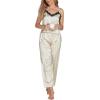 imageLYANER Womens Sexy Deep V Neck Silk Satin Pajamas Sets Lace Trim Cami Tops Long Pants SleepwearKhaki