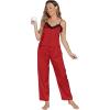 imageLYANER Womens Sexy Deep V Neck Silk Satin Pajamas Sets Lace Trim Cami Tops Long Pants SleepwearRed