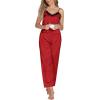 imageLYANER Womens Sexy Deep V Neck Silk Satin Pajamas Sets Lace Trim Cami Tops Long Pants SleepwearRed