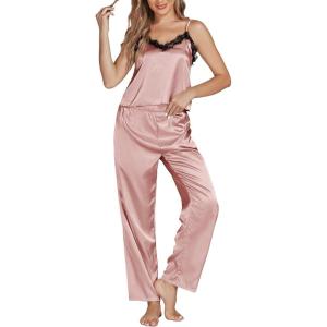 imageLYANER Womens Sexy Deep V Neck Silk Satin Pajamas Sets Lace Trim Cami Tops Long Pants SleepwearDusty Pink
