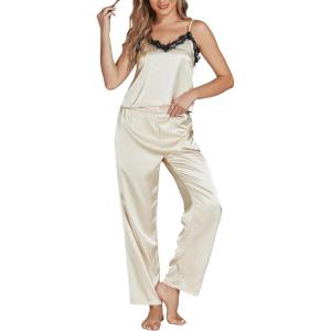 imageLYANER Womens Sexy Deep V Neck Silk Satin Pajamas Sets Lace Trim Cami Tops Long Pants SleepwearKhaki