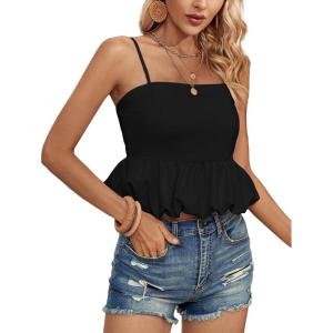 imageLYANER Womens Spaghetti Strap Ruffle Hem Sleeveless Cami Tank Top BlousesBlack