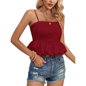 imageLYANER Womens Spaghetti Strap Ruffle Hem Sleeveless Cami Tank Top BlousesBurgundy