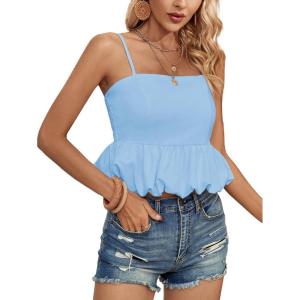 imageLYANER Womens Spaghetti Strap Ruffle Hem Sleeveless Cami Tank Top BlousesLight Blue